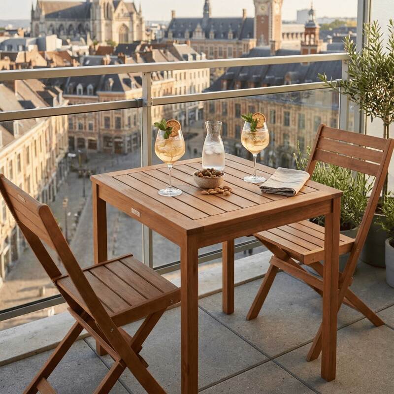 Table de jardin carrée en bois d'eucalyptus FSC® 70x70 cm et 2 chaises pliantes - Ambiance