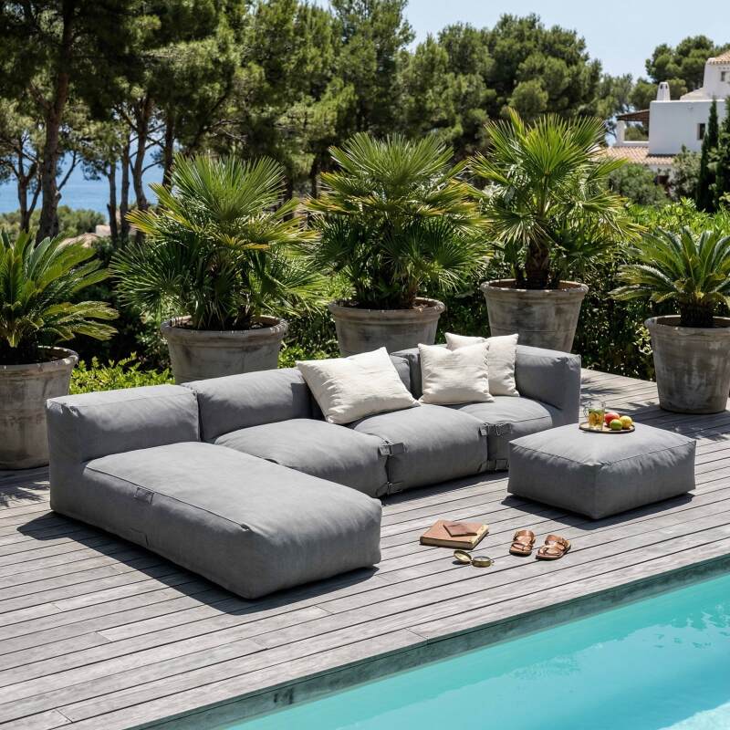 Salon de jardin modulable 5 places avec 2 chauffeuses, 1 fauteuil d'angle, 1 méridienne et 1 pouf