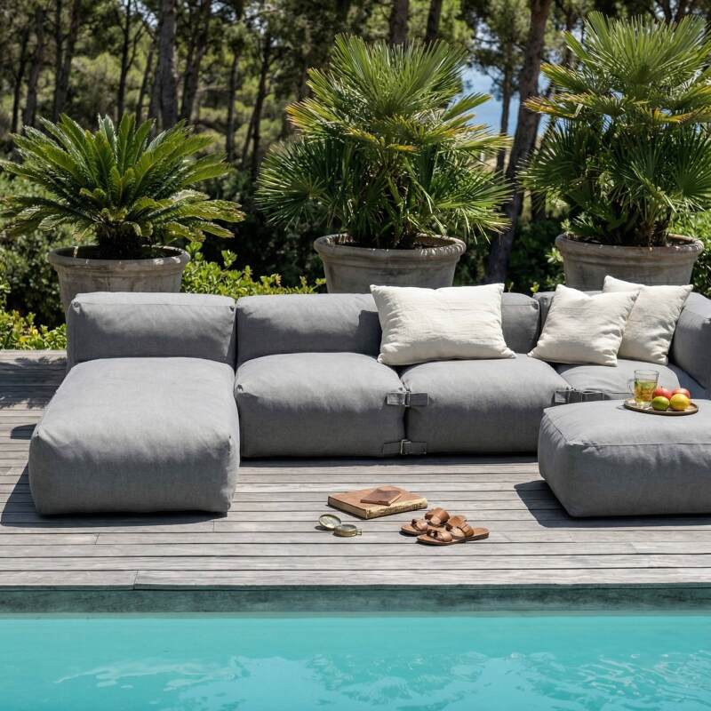 Salon de jardin modulable 5 places avec 2 chauffeuses, 1 fauteuil d'angle, 1 méridienne et 1 pouf (2/8)