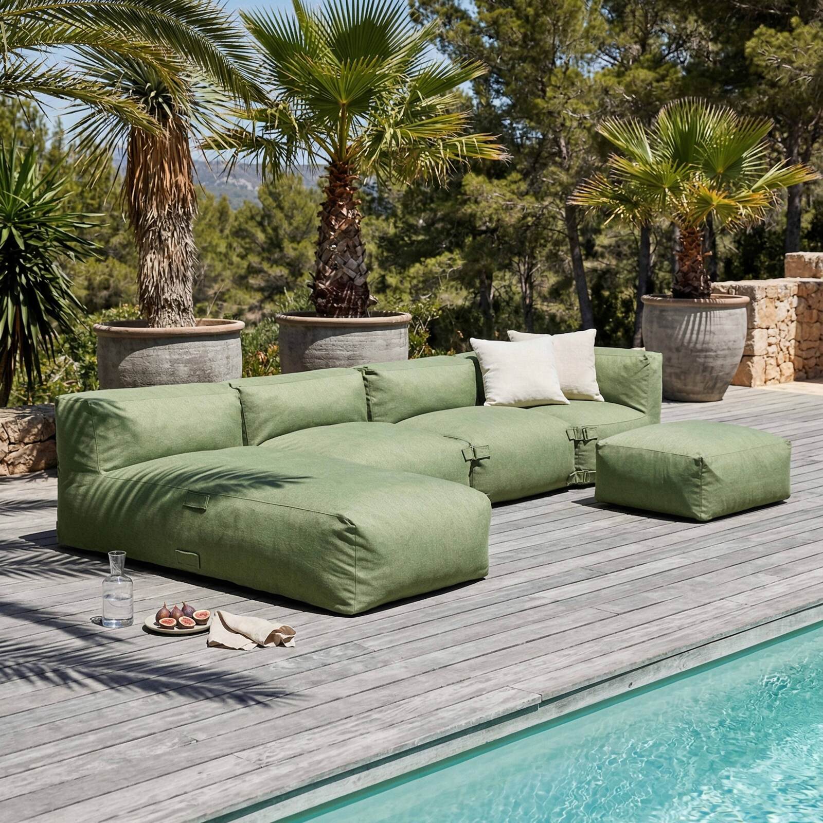 Salon de jardin modulable 5 places avec 2 chauffeuses, 1 fauteuil d'angle, 1 méridienne et 1 pouf