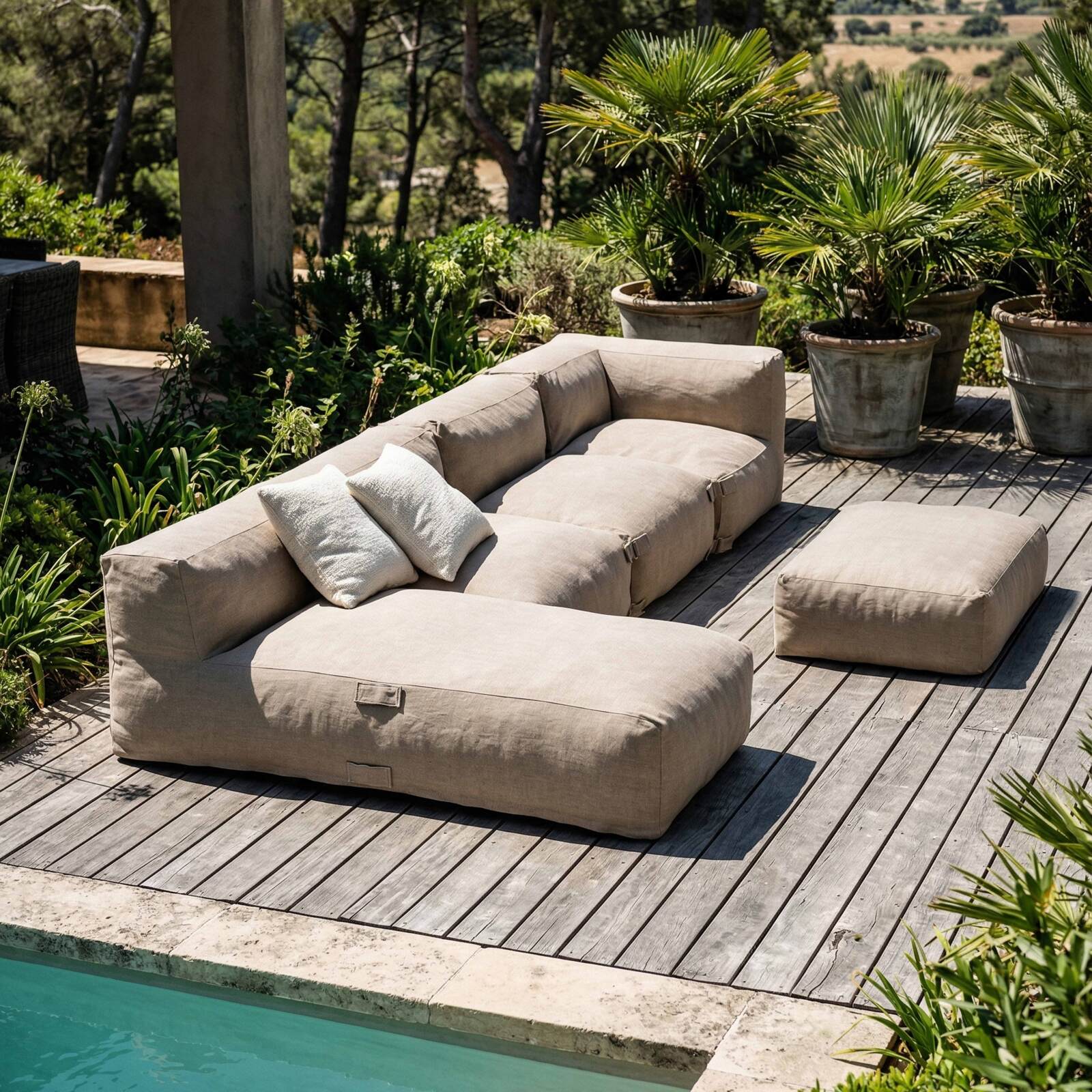 Salon de jardin modulable 5 places avec 2 chauffeuses, 1 fauteuil d'angle, 1 méridienne et 1 pouf
