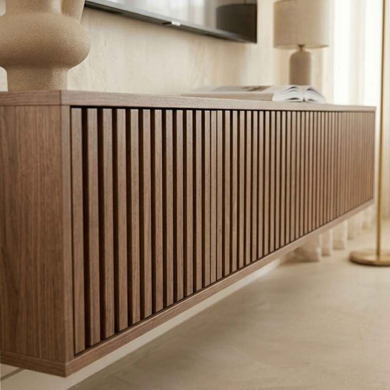 Meuble TV suspendu effet bois clair 160 cm style scandinave (3/8)