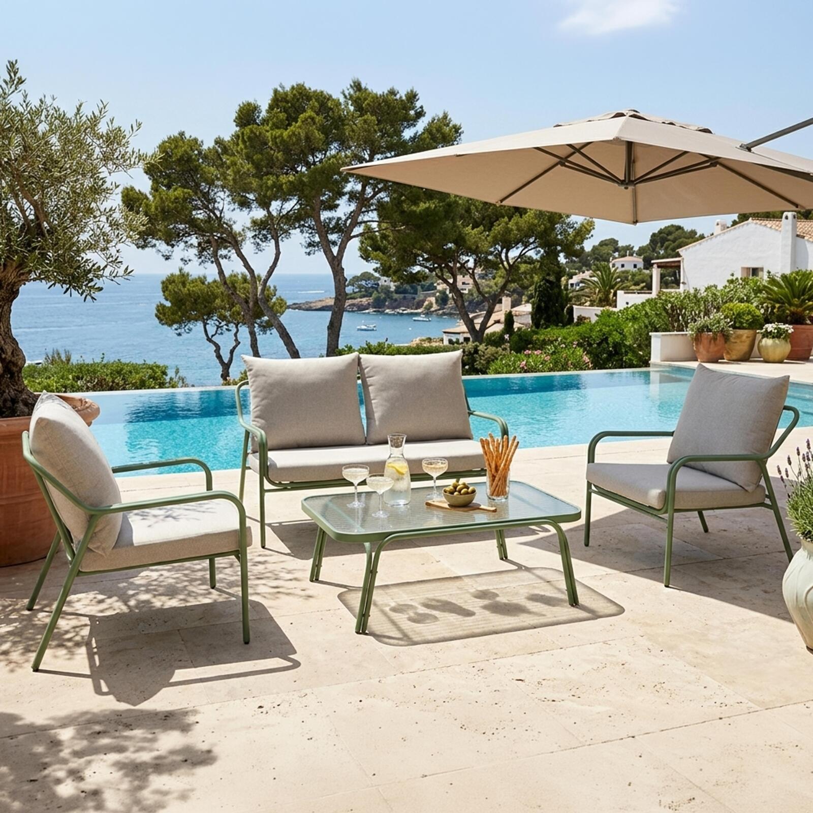 Salon de jardin en métal et verre trempé 4 places 