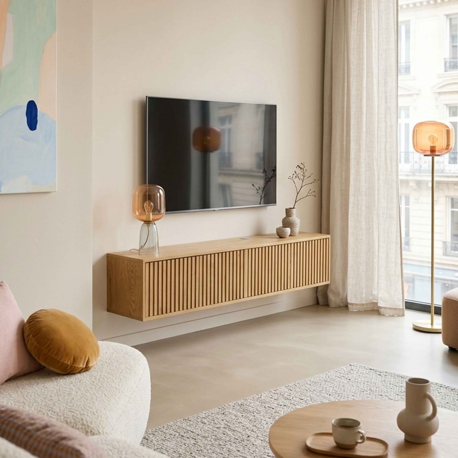 Meuble TV suspendu effet bois clair 160 cm style scandinave