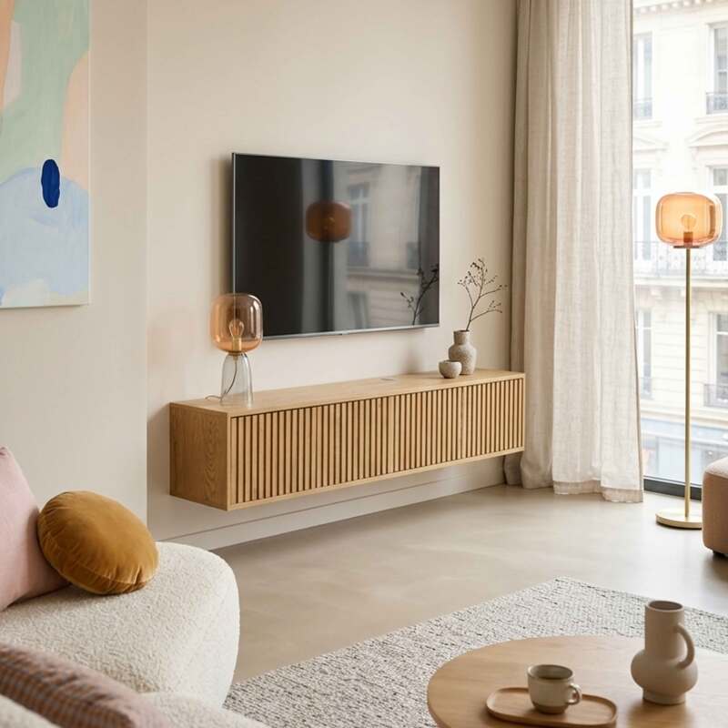 Meuble TV suspendu effet bois clair 160 cm style scandinave