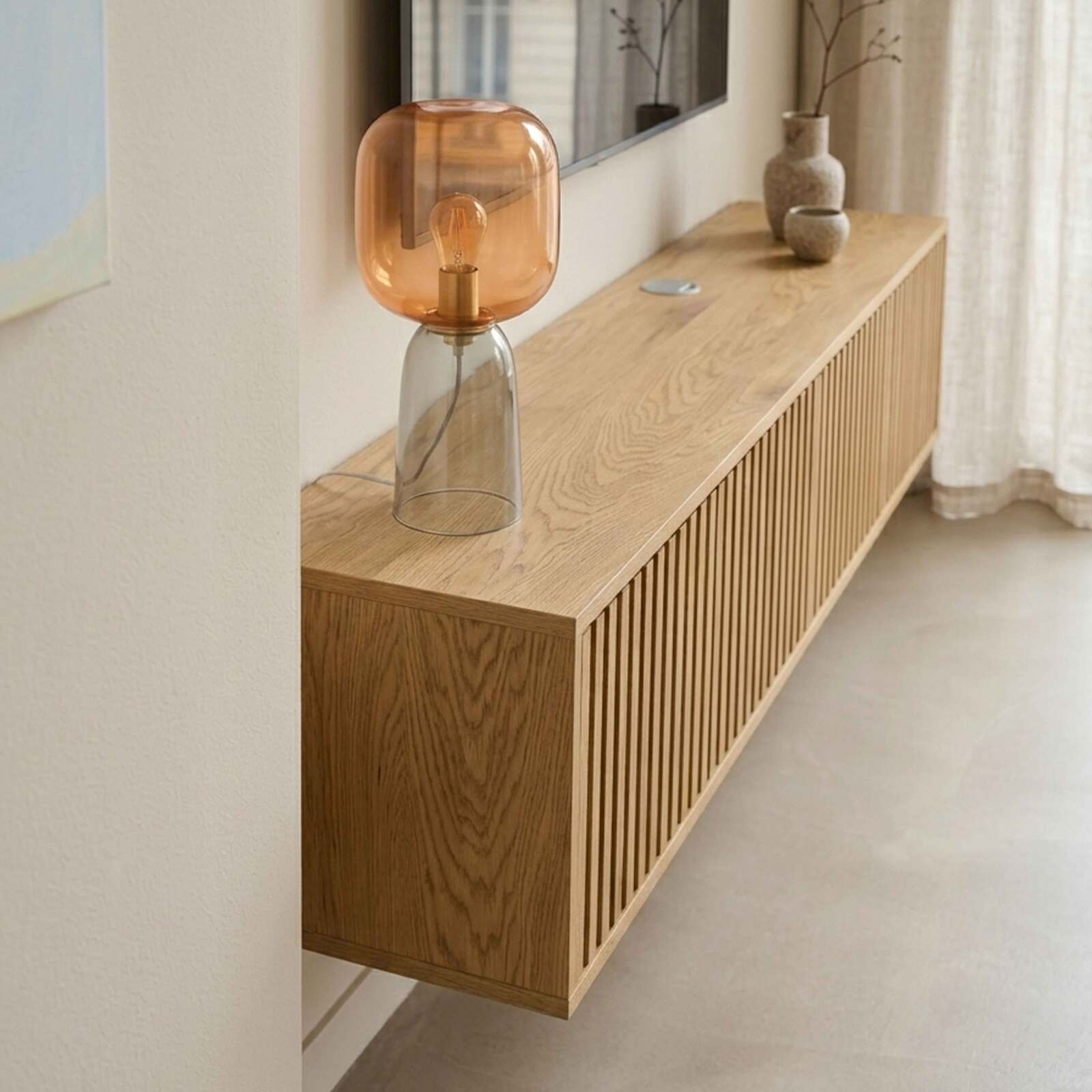 Meuble TV suspendu effet bois clair 160 cm style scandinave