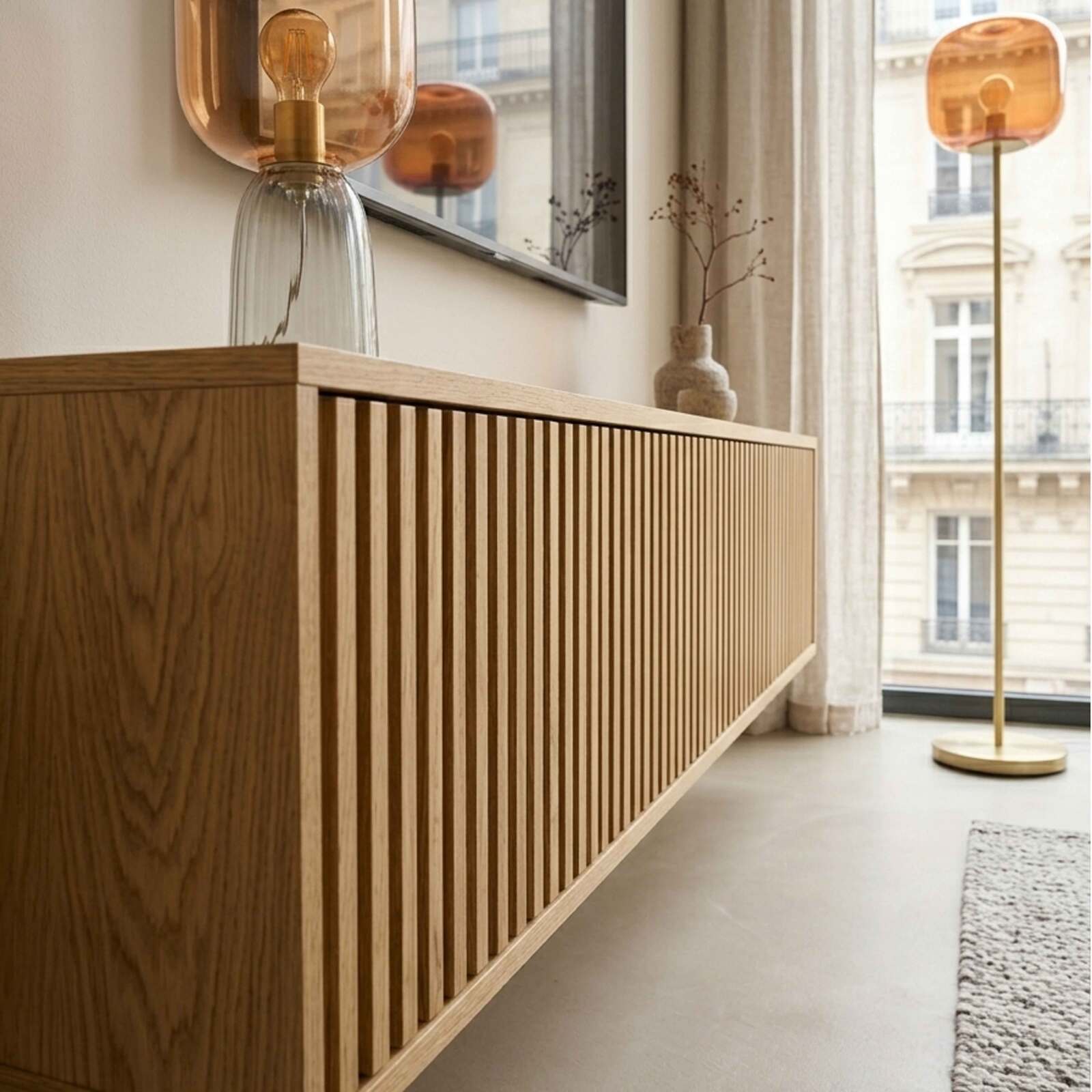 Meuble TV suspendu effet bois clair 160 cm style scandinave
