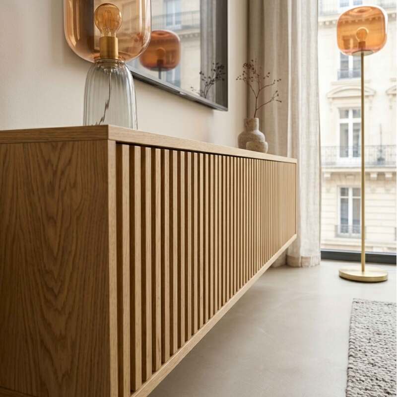 Meuble TV suspendu effet bois clair 160 cm style scandinave (3/9)