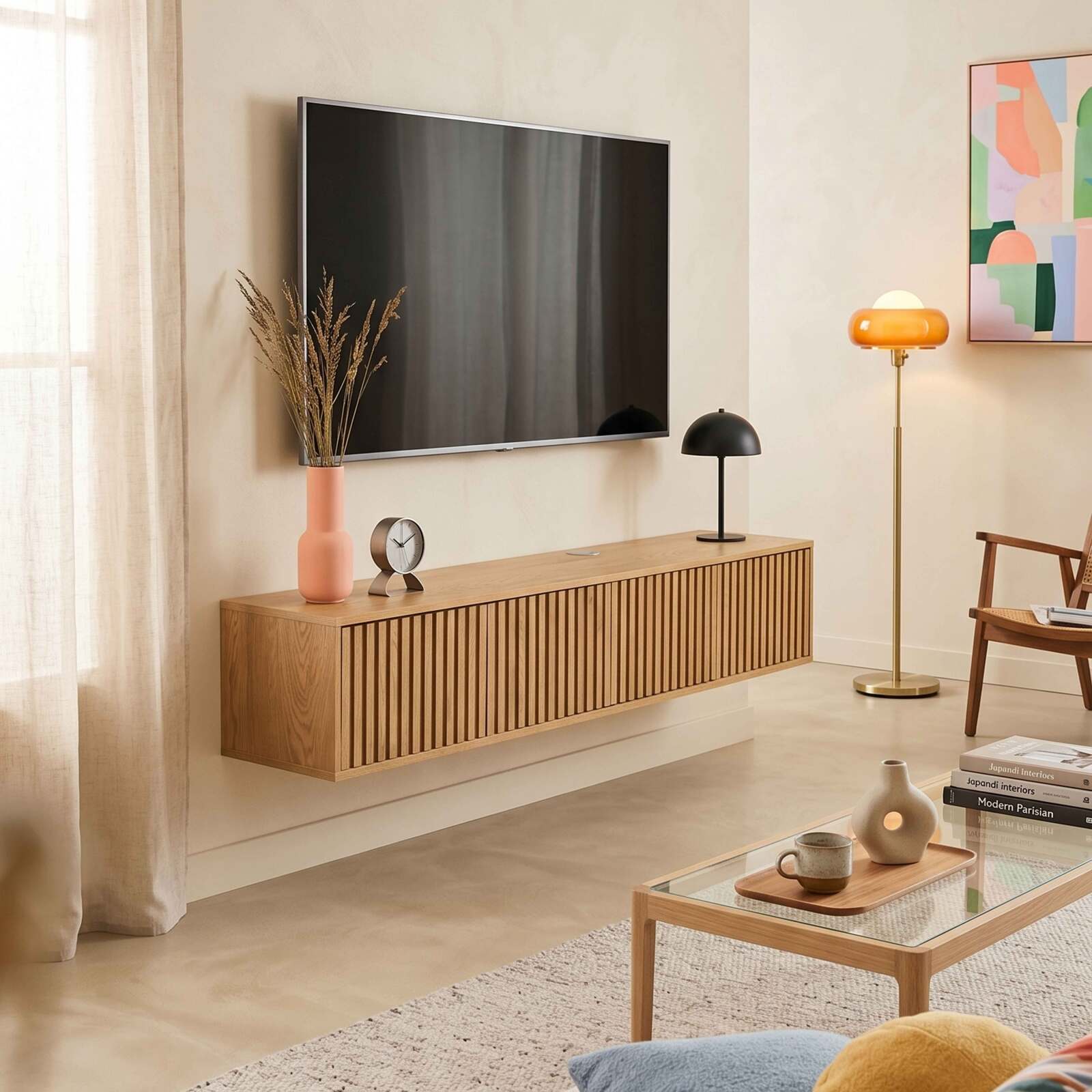 Meuble TV suspendu effet bois clair 160 cm style scandinave