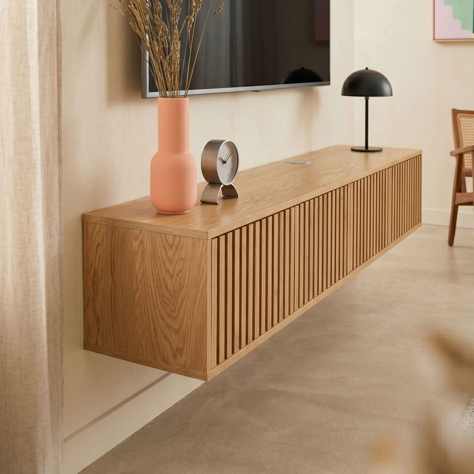 Meuble TV suspendu effet bois clair 160 cm style scandinave
