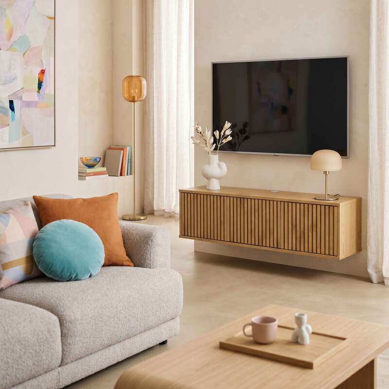 Meuble TV suspendu effet bois clair 120 cm style scandinave