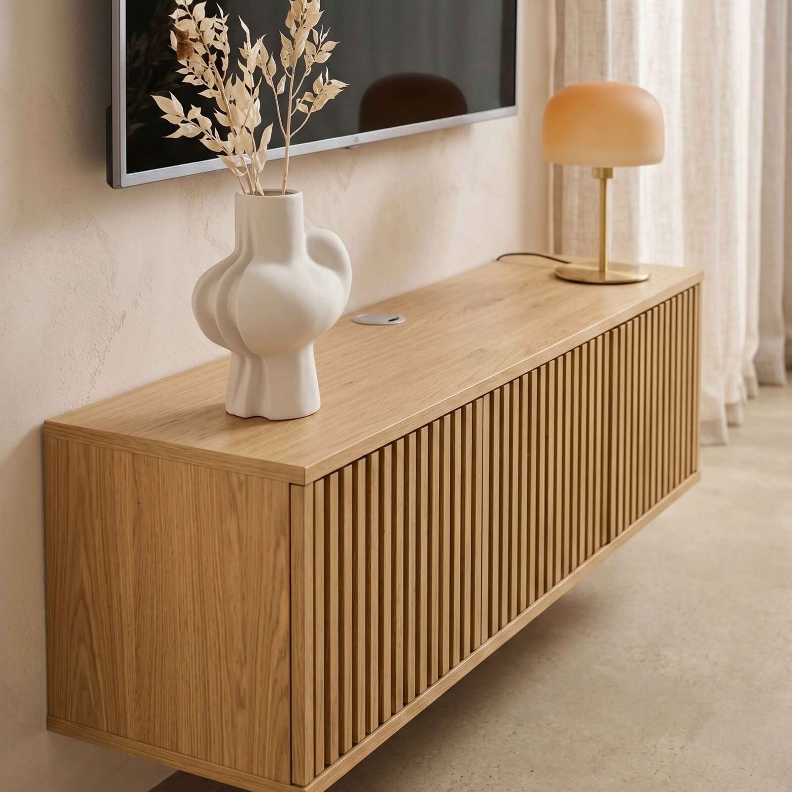 Meuble TV suspendu effet bois clair 120 cm style scandinave