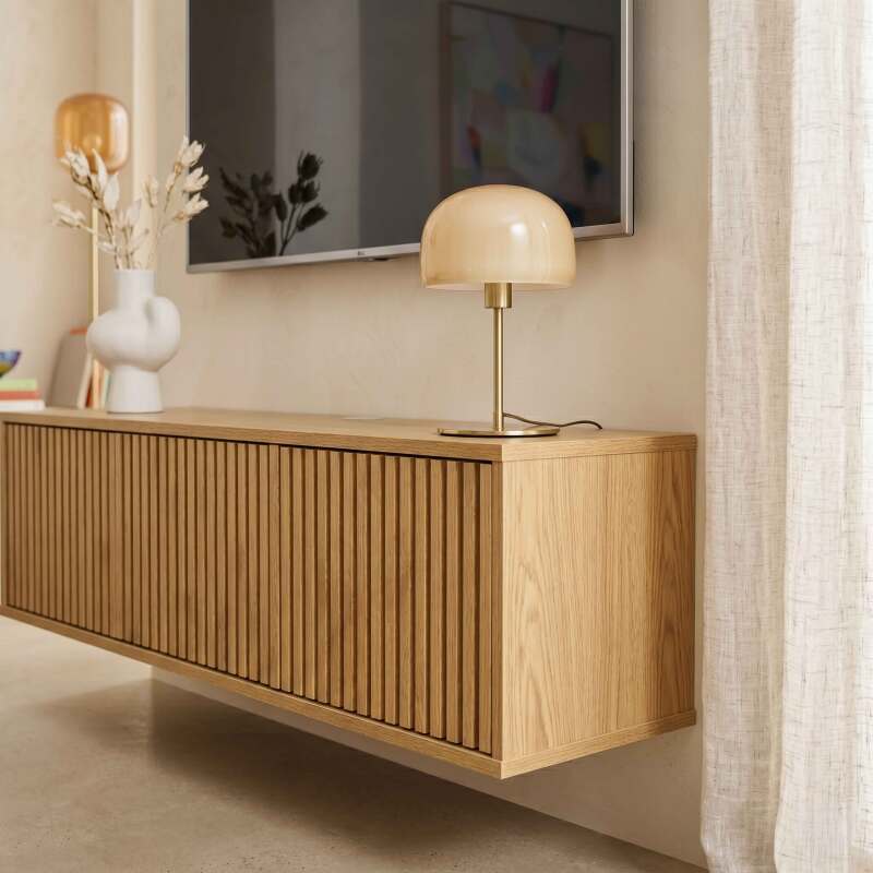 Meuble TV suspendu effet bois clair 120 cm style scandinave (3/7)