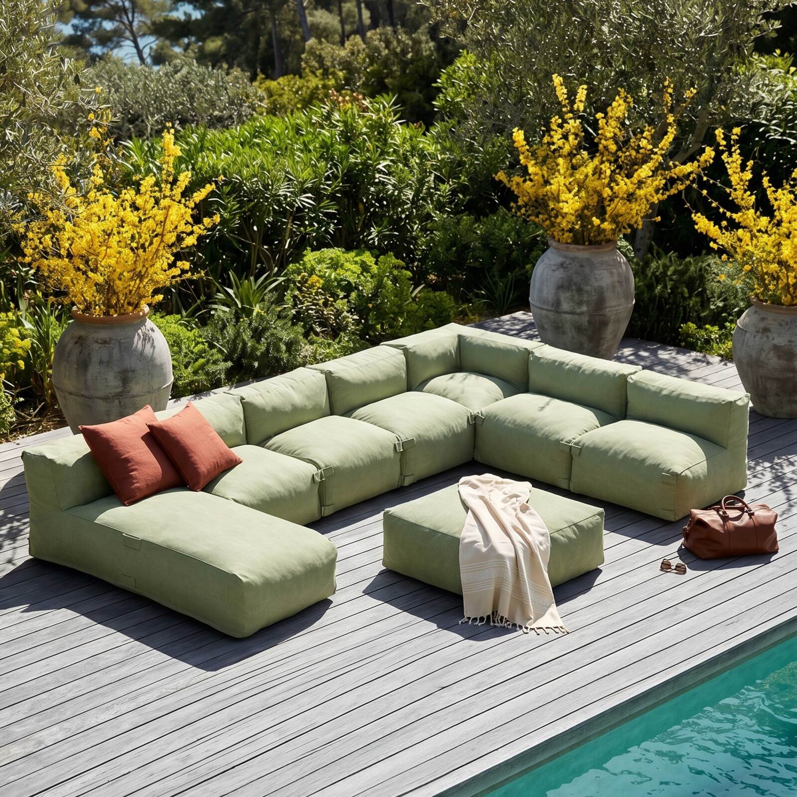 Salon de jardin modulable 8 places avec 5 chauffeuses, 1 fauteuil d'angle, 1 méridienne et 1 pouf
