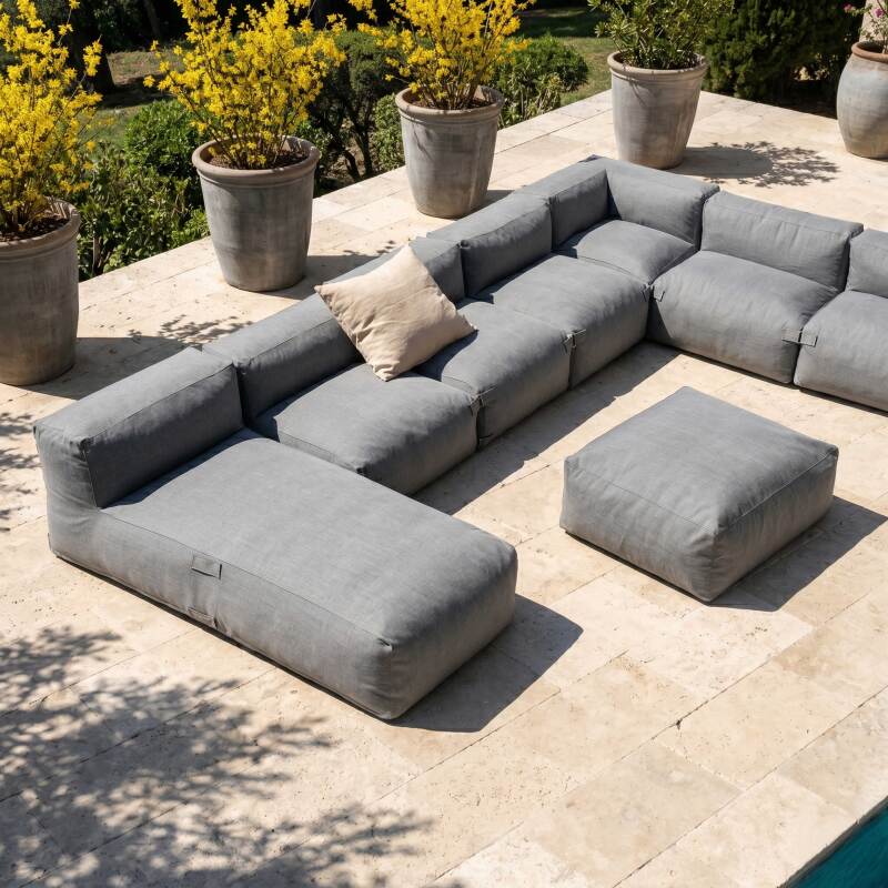 Salon de jardin modulable 8 places avec 5 chauffeuses, 1 fauteuil d'angle, 1 méridienne et 1 pouf (2/8)