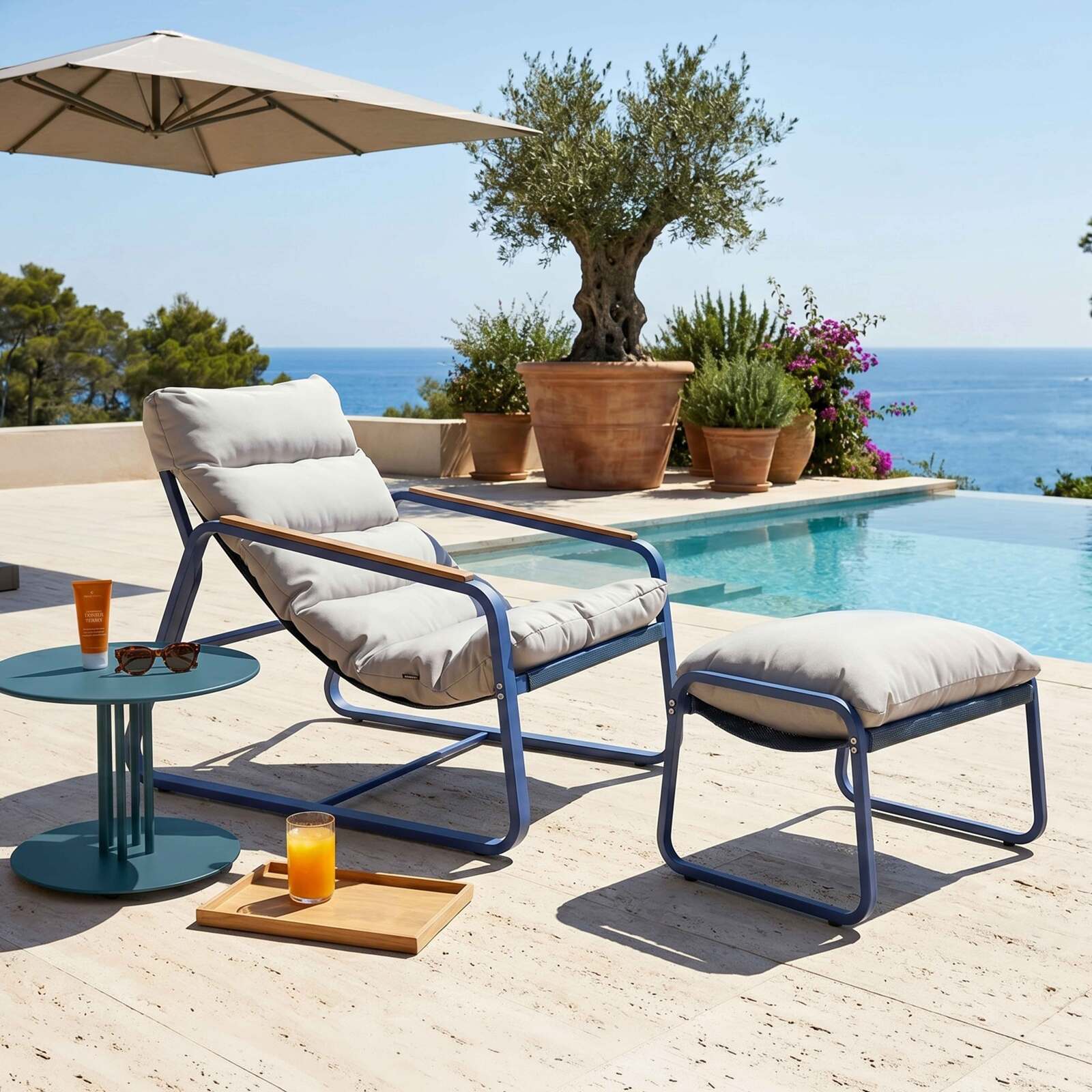 Fauteuil relax de jardin en métal et textilène avec repose-pieds