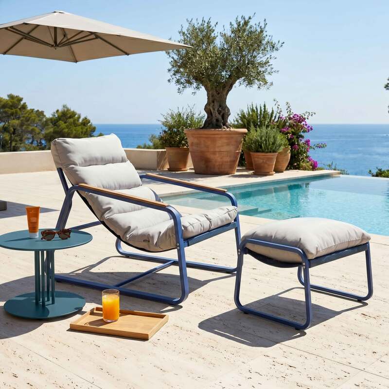 Fauteuil relax de jardin en métal et textilène avec repose-pieds