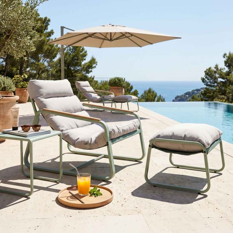 Fauteuil relax de jardin en métal et textilène avec repose-pieds