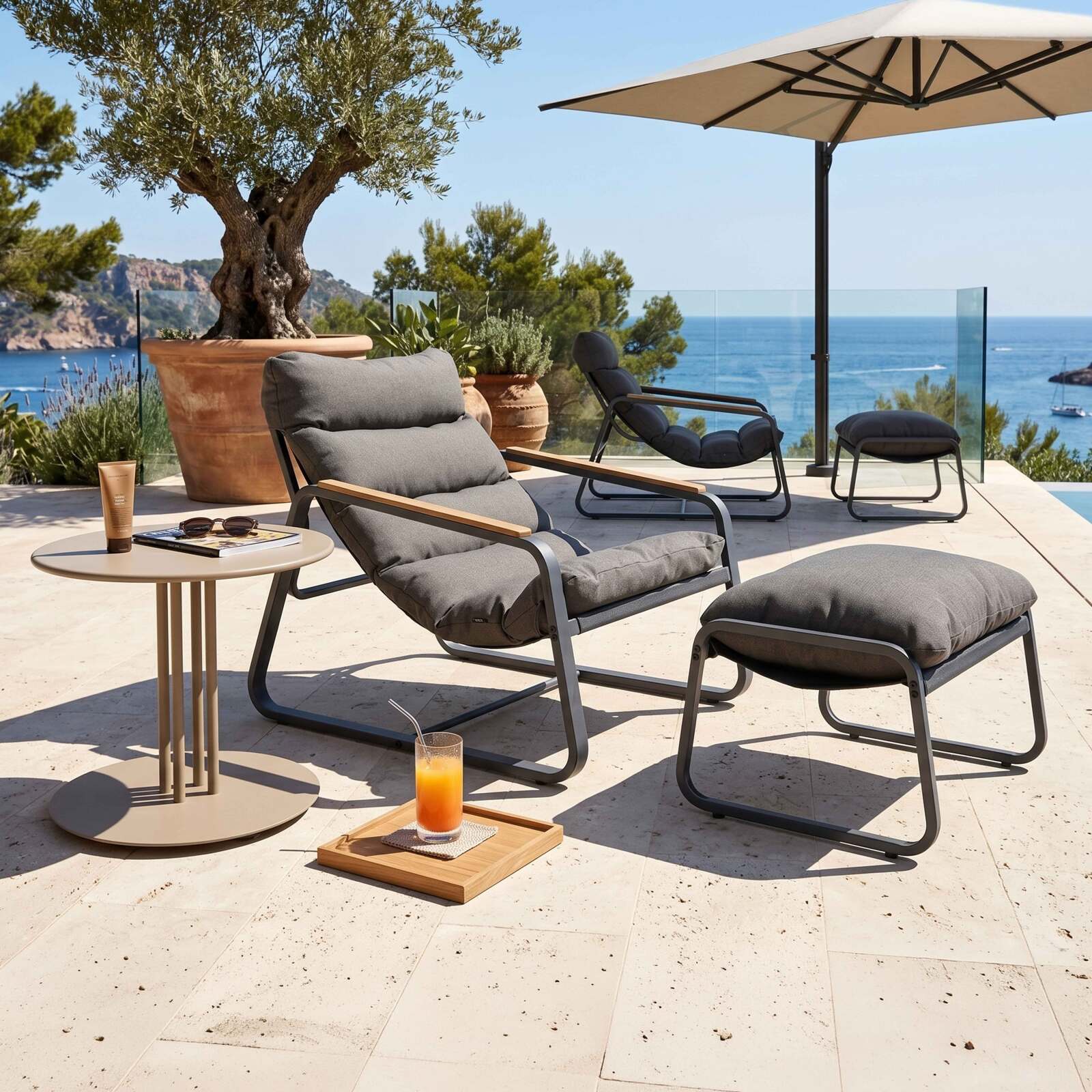 Fauteuil relax de jardin en métal et textilène avec repose-pieds