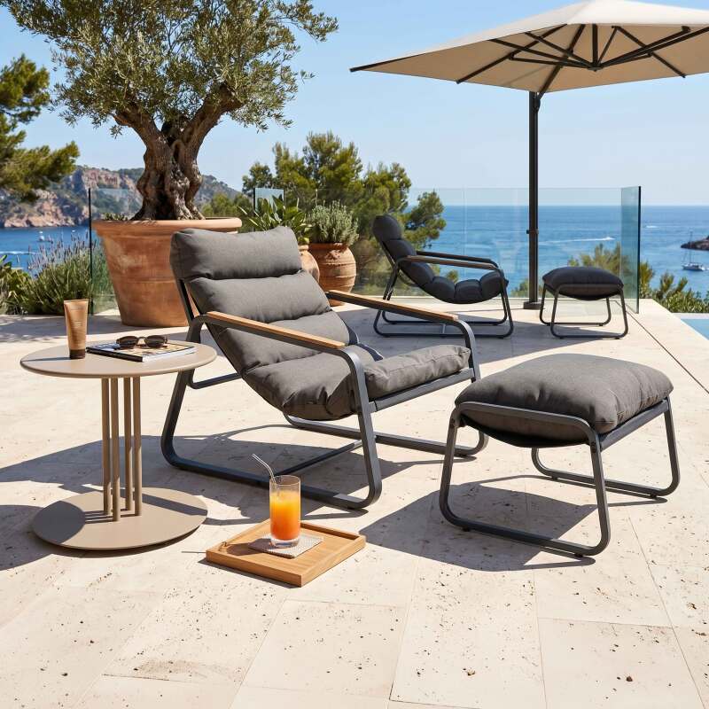 Fauteuil relax de jardin en métal et textilène avec repose-pieds