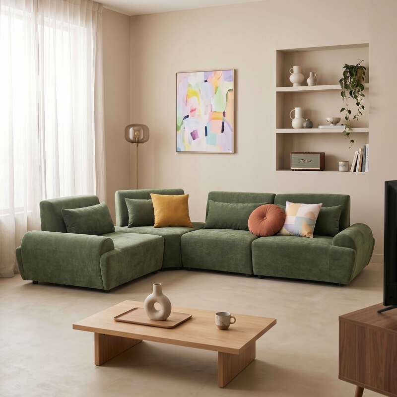 Canapé modulable d'angle 4 places en tissu avec coussins dossier ajustable (7/8)