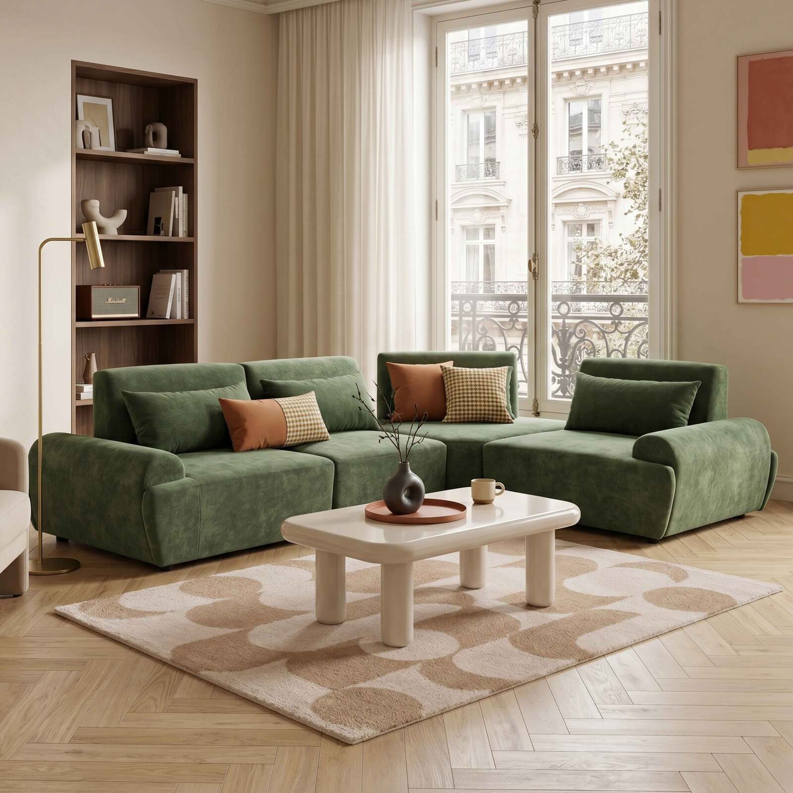Canapé modulable d'angle 4 places en tissu avec coussins dossier ajustable
