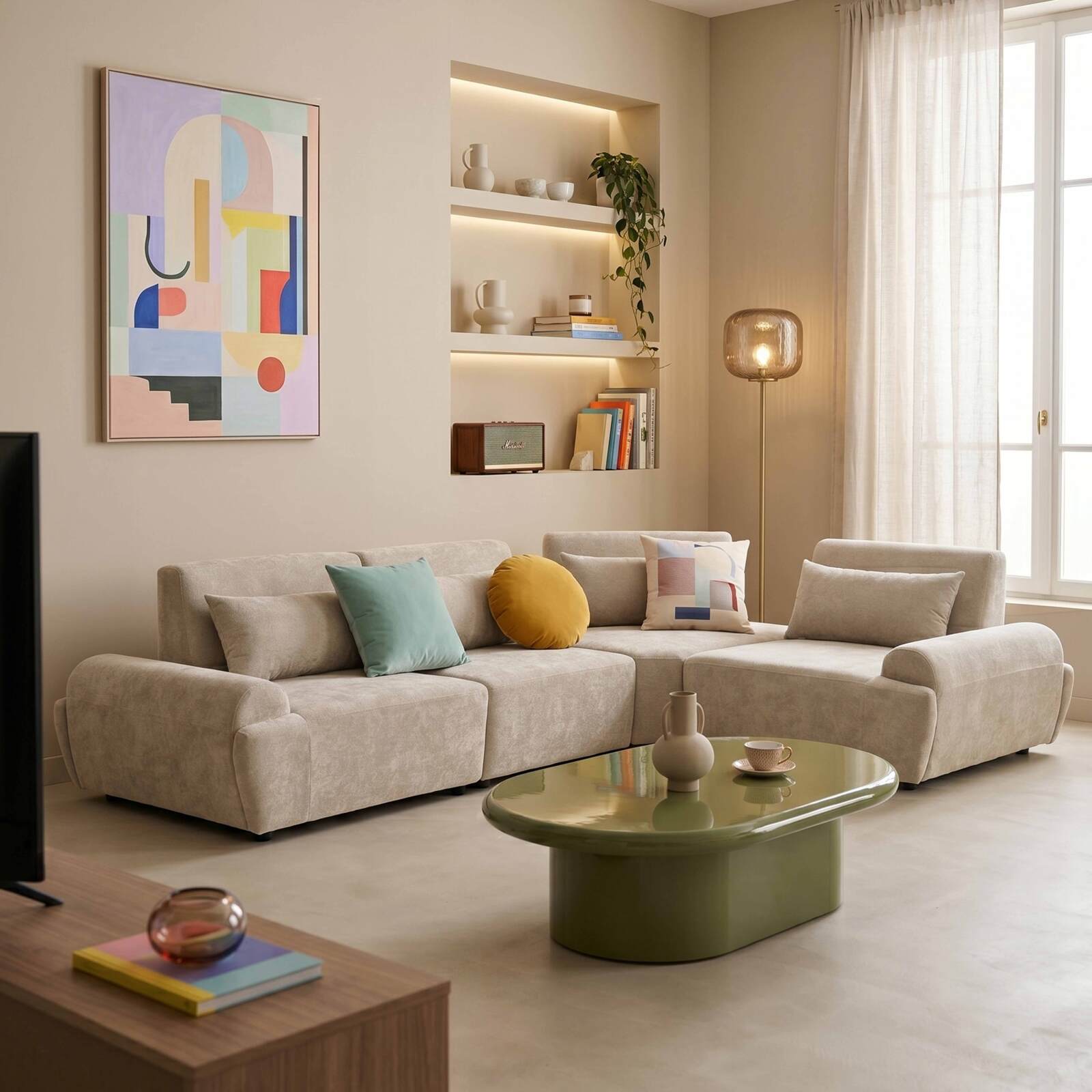 Canapé modulable d'angle 4 places en tissu avec coussins dossier ajustable