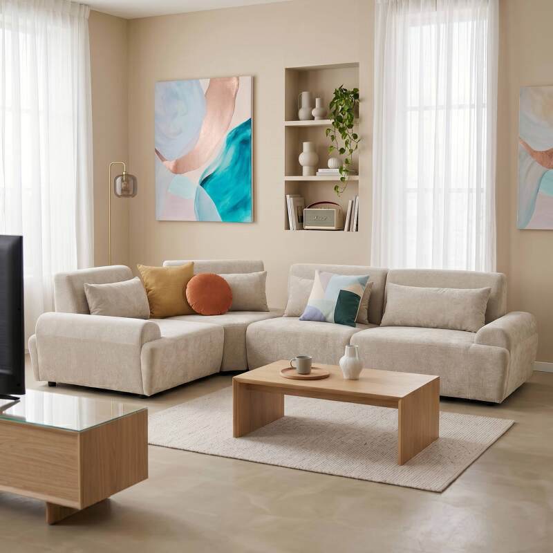 Canapé modulable d'angle 4 places en tissu avec coussins dossier ajustable (7/9)