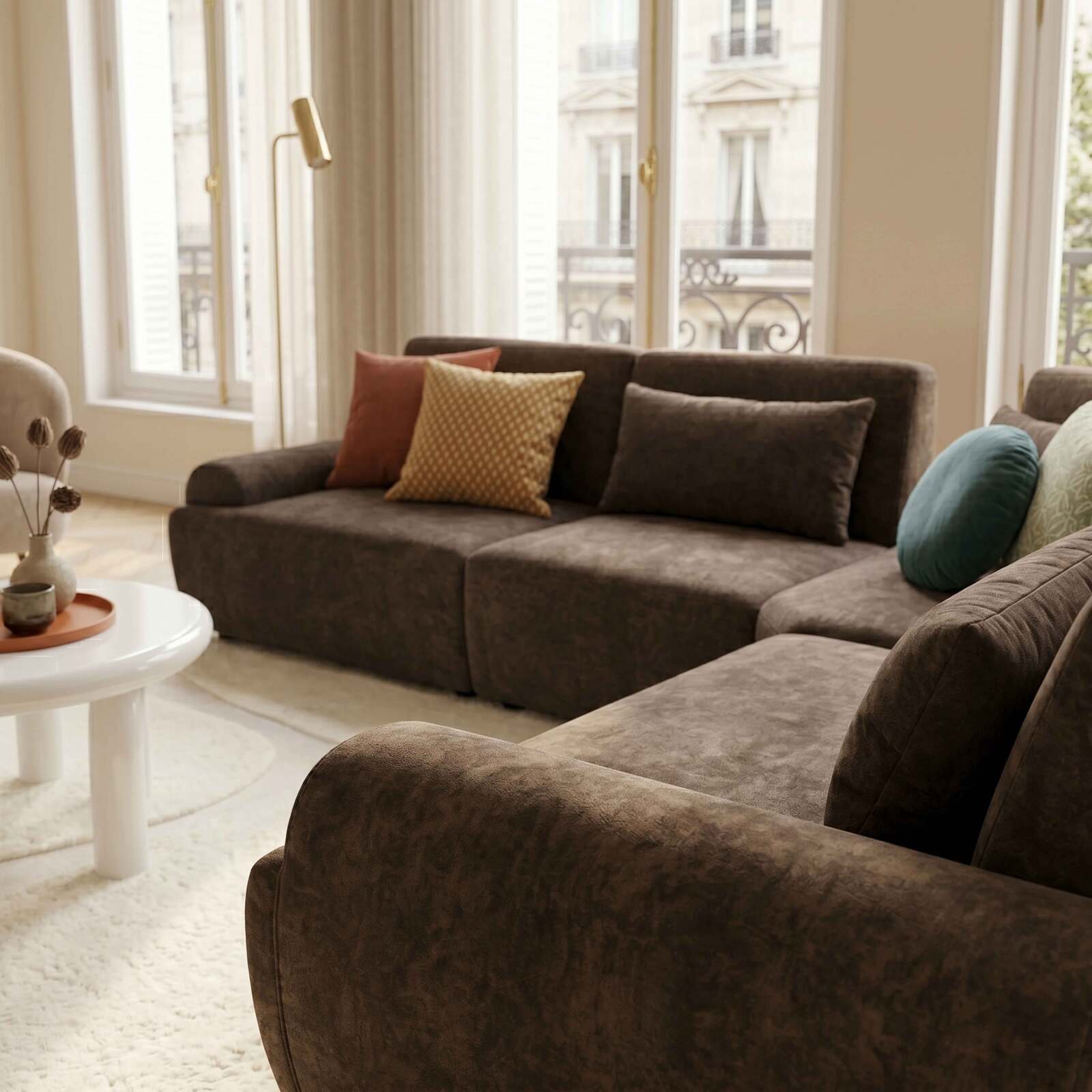 Canapé modulable d'angle 4 places en tissu avec coussins dossier ajustable