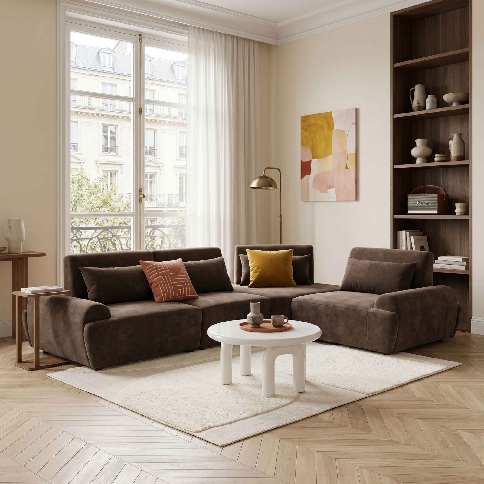 Canapé modulable d'angle 4 places en tissu avec coussins dossier ajustable