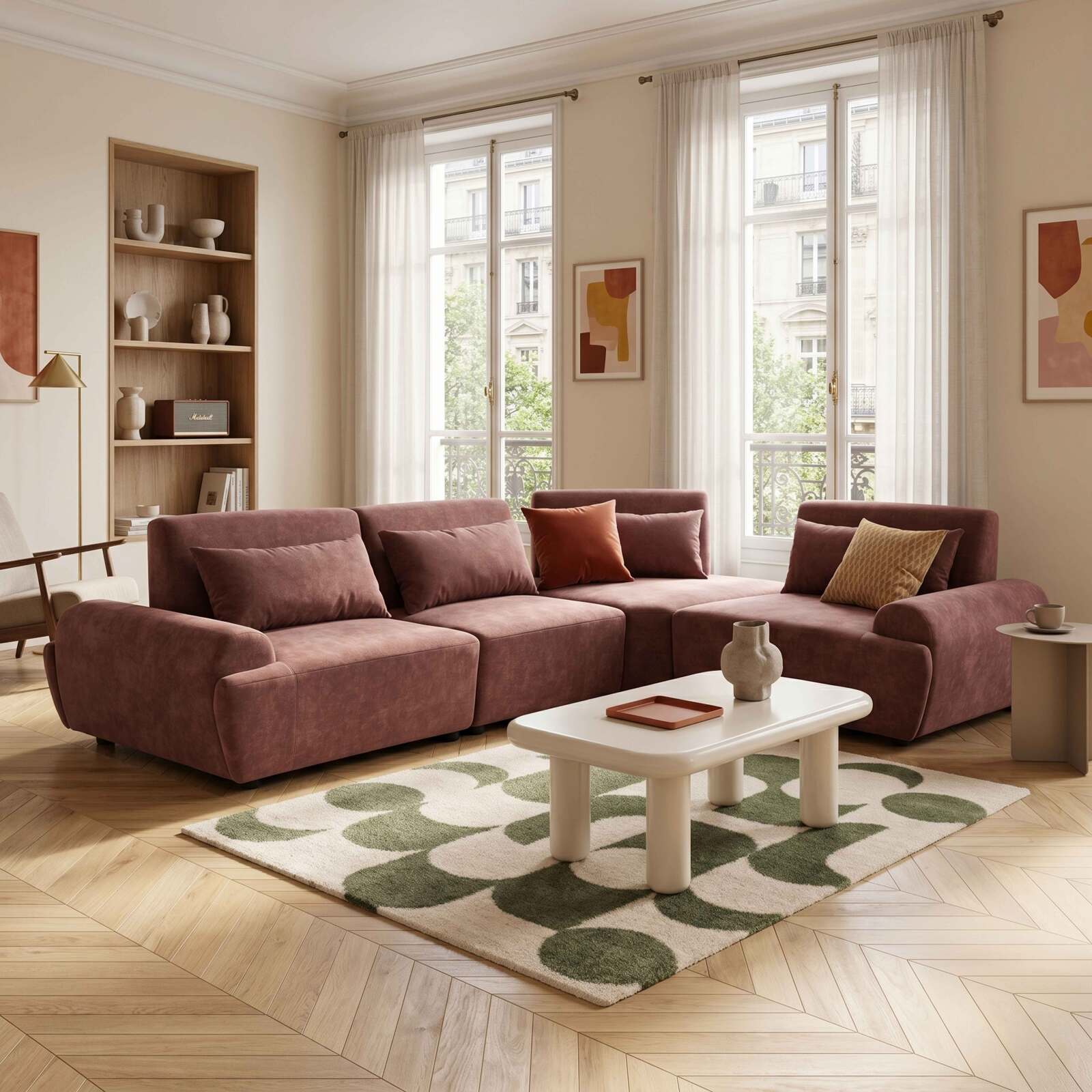 Canapé modulable d'angle 4 places en tissu avec coussins dossier ajustable