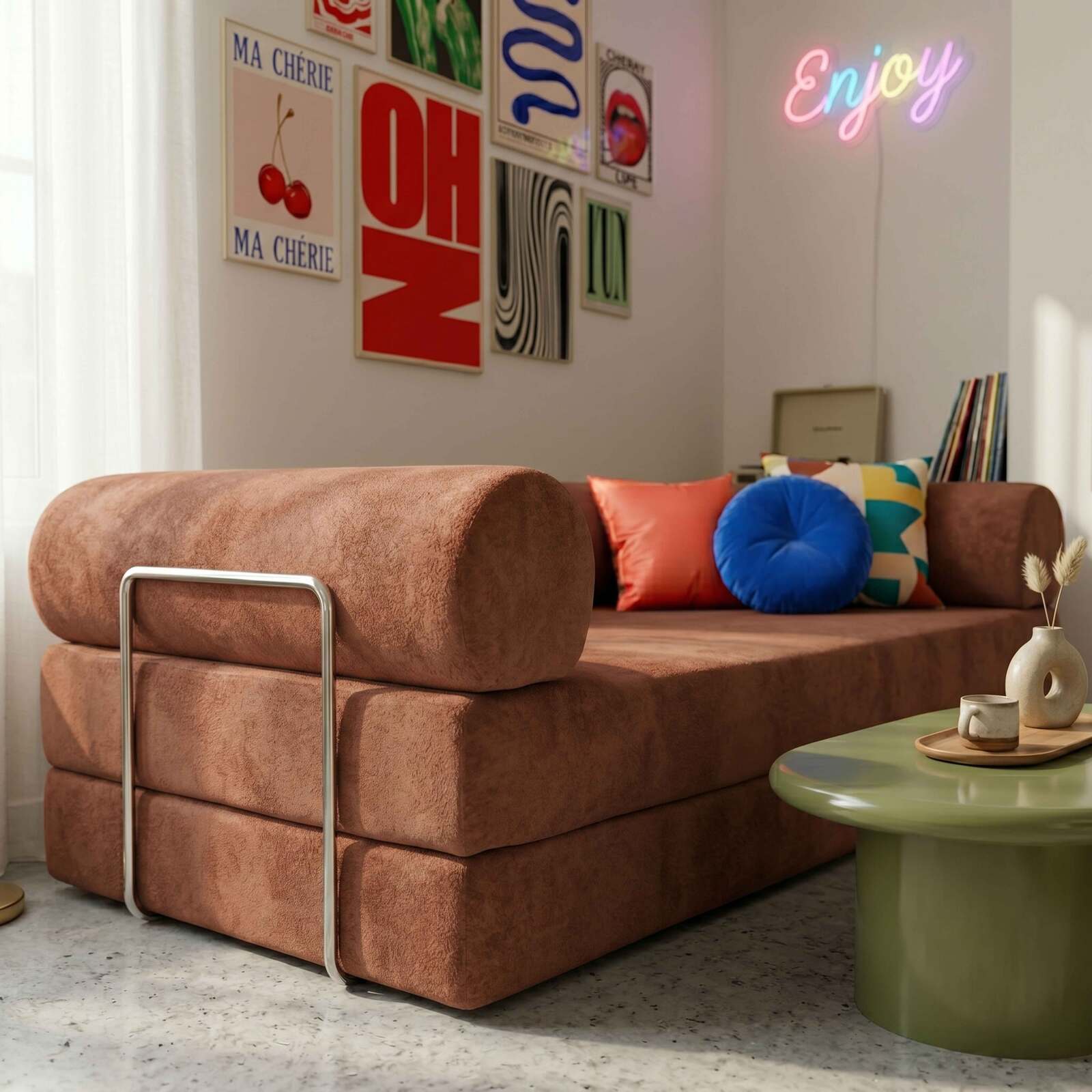 Canapé convertible 2 places en tissu avec coussins modulables