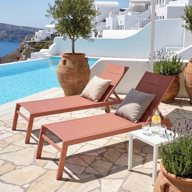 Bains de soleil aluminium et textilène inclinables 5 positions avec roues - Lot de 2