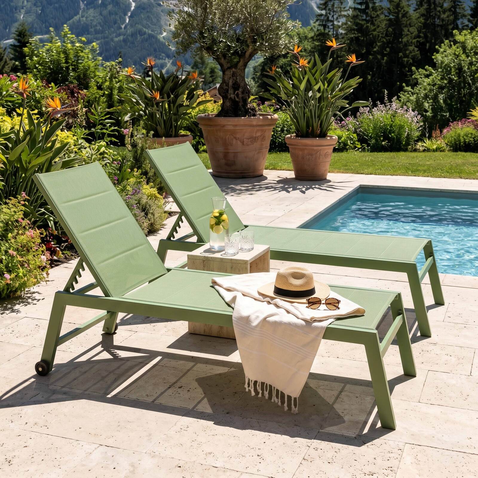 Bains de soleil aluminium et textilène inclinables 5 positions avec roues - Lot de 2