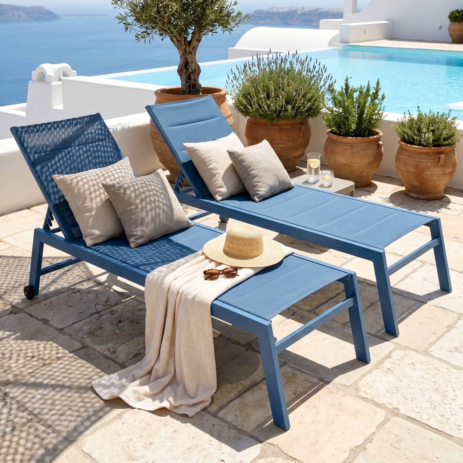 Bains de soleil aluminium et textilène inclinables 5 positions avec roues - Lot de 2