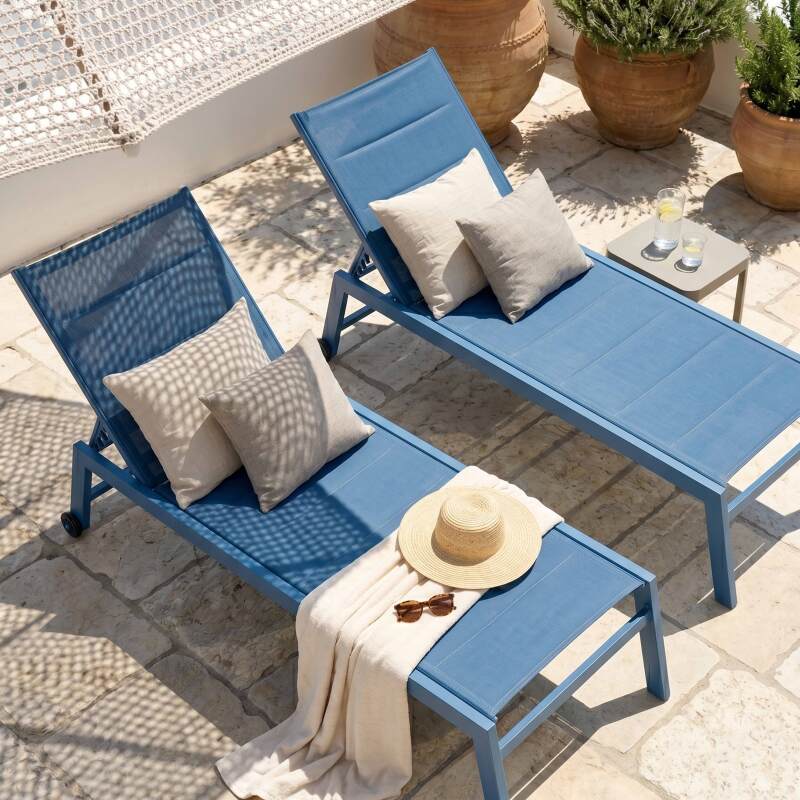 Bains de soleil aluminium et textilène inclinables 5 positions avec roues - Lot de 2 (2/6)