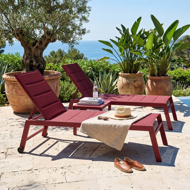 Bains de soleil aluminium et textilène inclinables 5 positions avec roues - Lot de 2