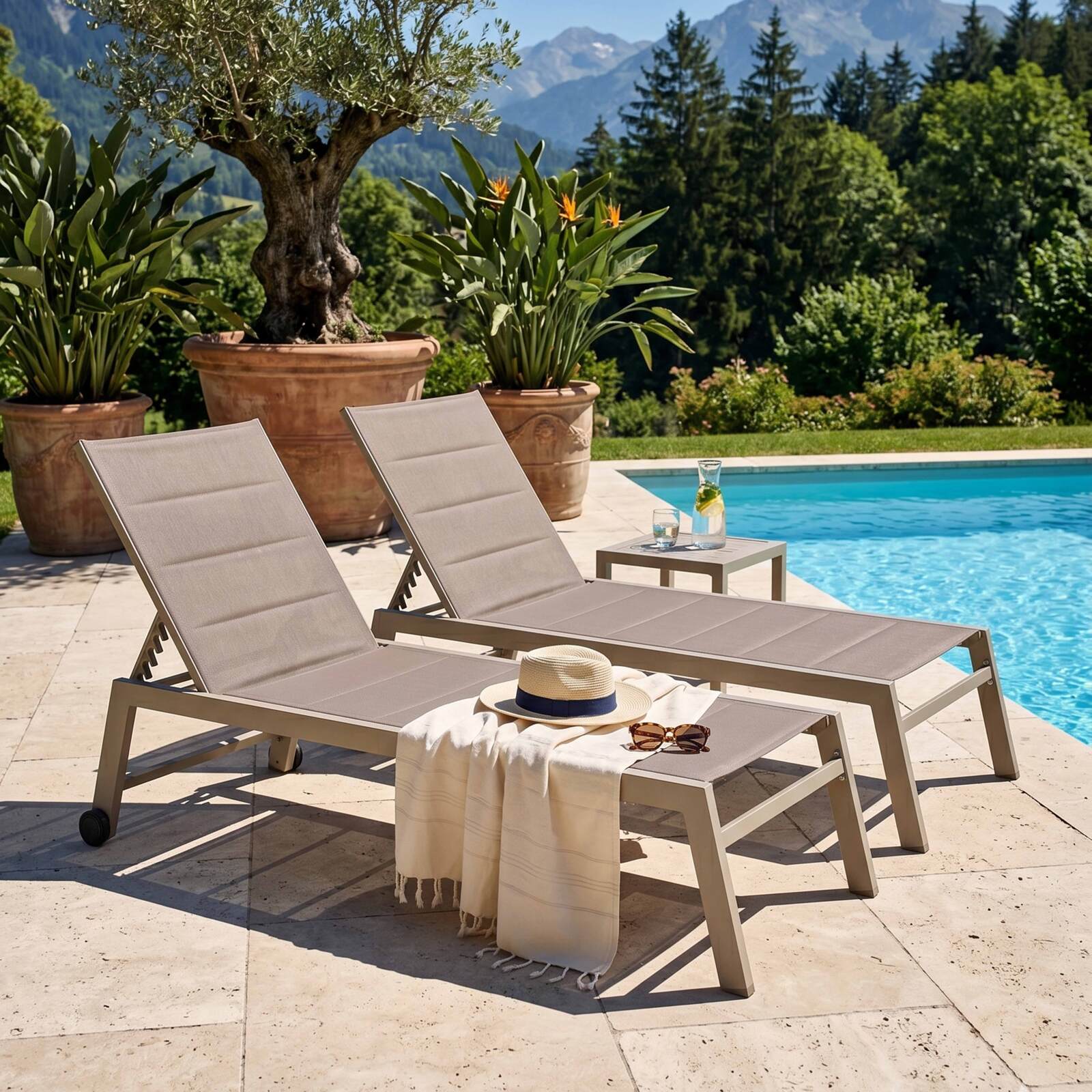 Bains de soleil aluminium et textilène inclinables 5 positions avec roues - Lot de 2
