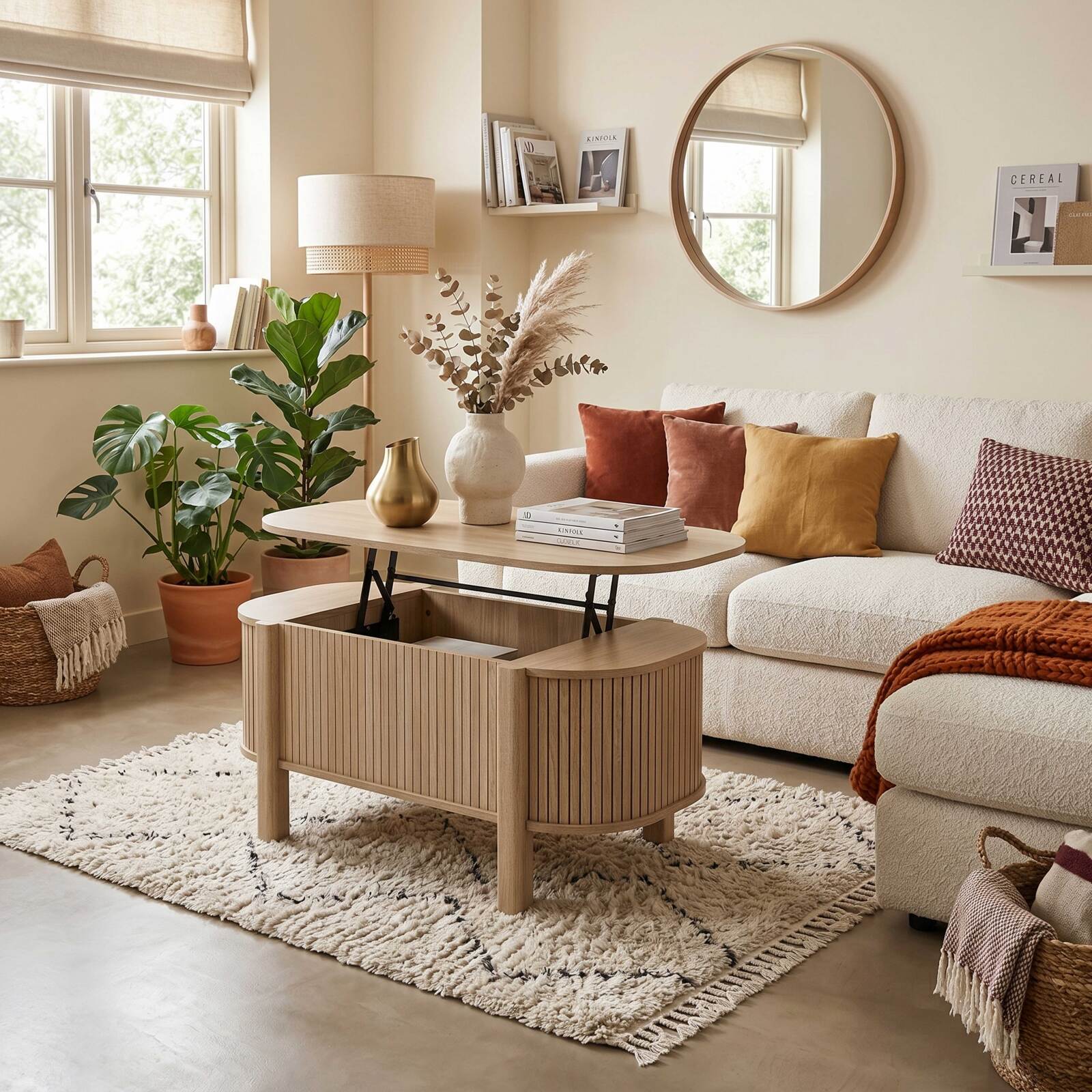 Table basse relevable effet bois ovale 100x48 cm