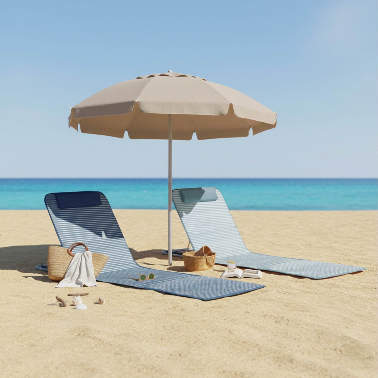 Lot de 2 matelas de plage pliants rayés bleu et gris