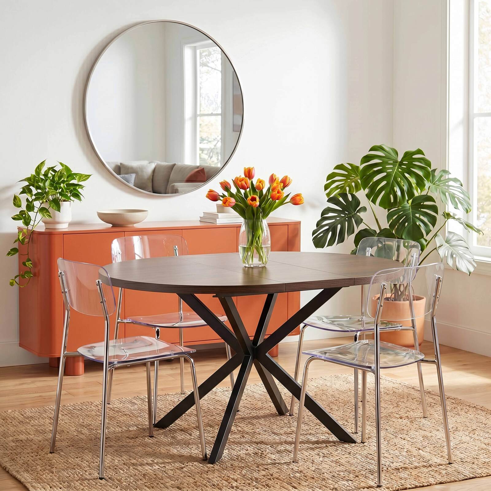 Table à manger extensible ronde en métal et effet bois 6 à 8 personnes