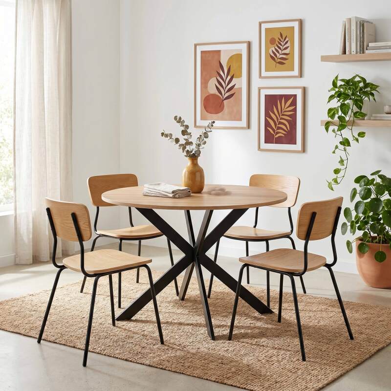 Table à manger ronde en métal et effet bois 6 personnes - Ambiance