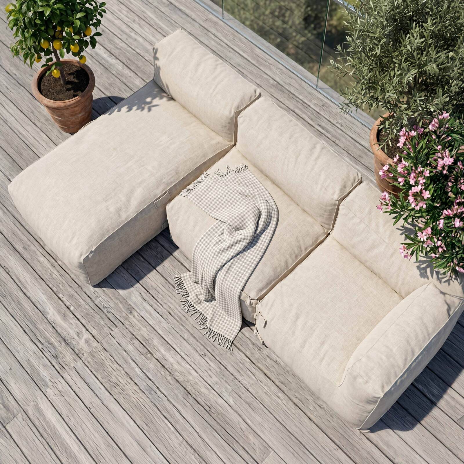 Salon de jardin modulable 3 places avec 1 chauffeuse, 1 fauteuil d'angle et 1 méridienne