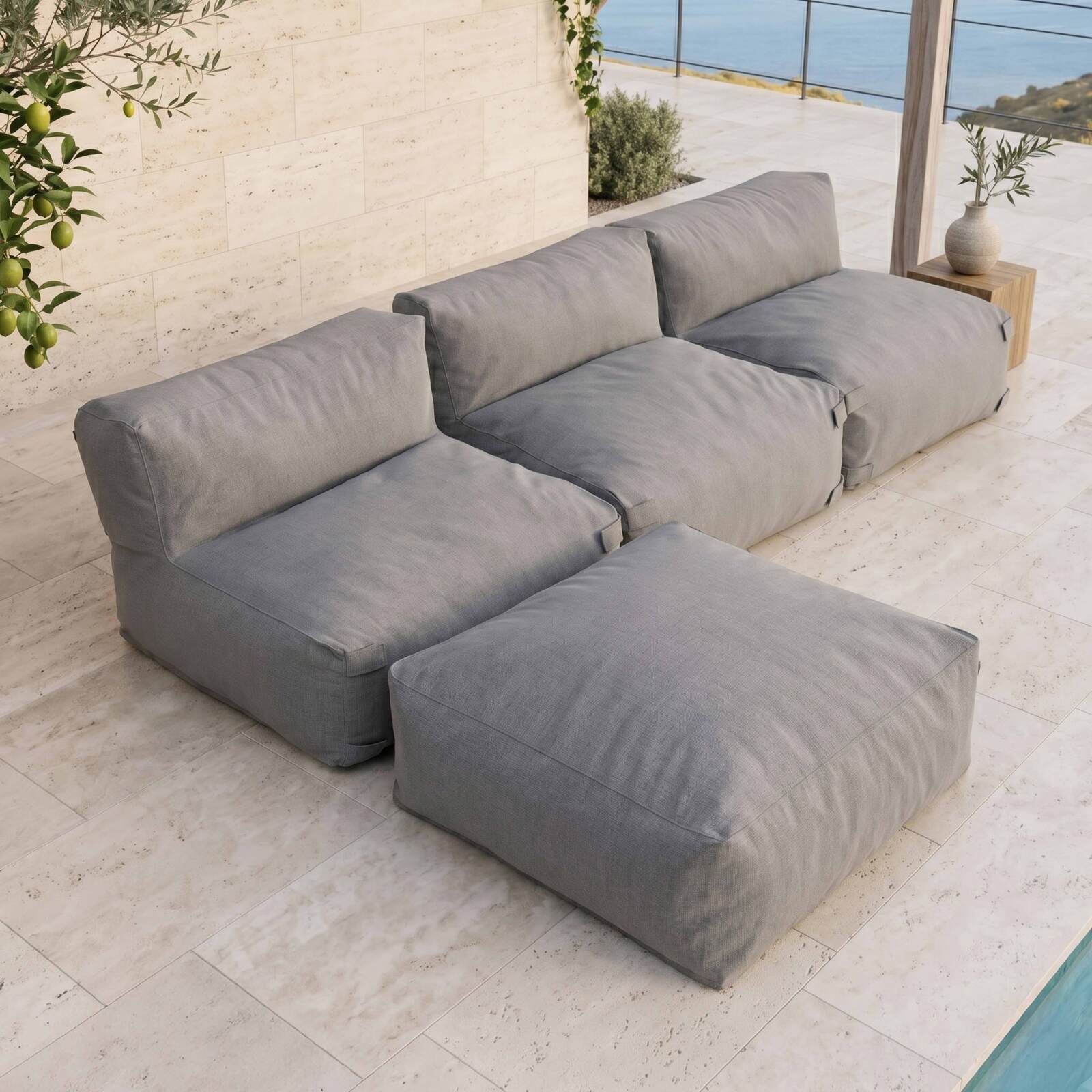 Salon de jardin modulable 4 places avec 3 chauffeuses et 1 pouf