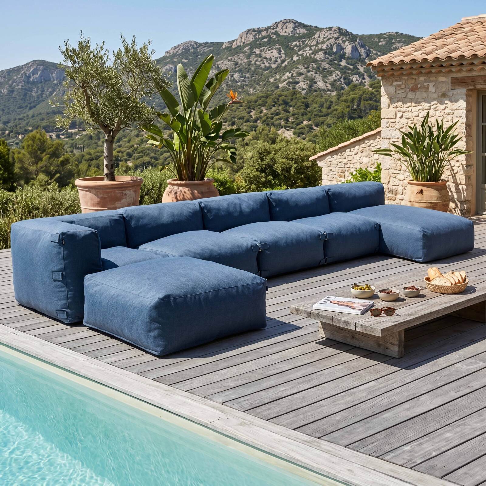 Salon de jardin modulable 6 places avec 3 chauffeuses, 1 fauteuil d'angle, 1 méridienne et 1 pouf