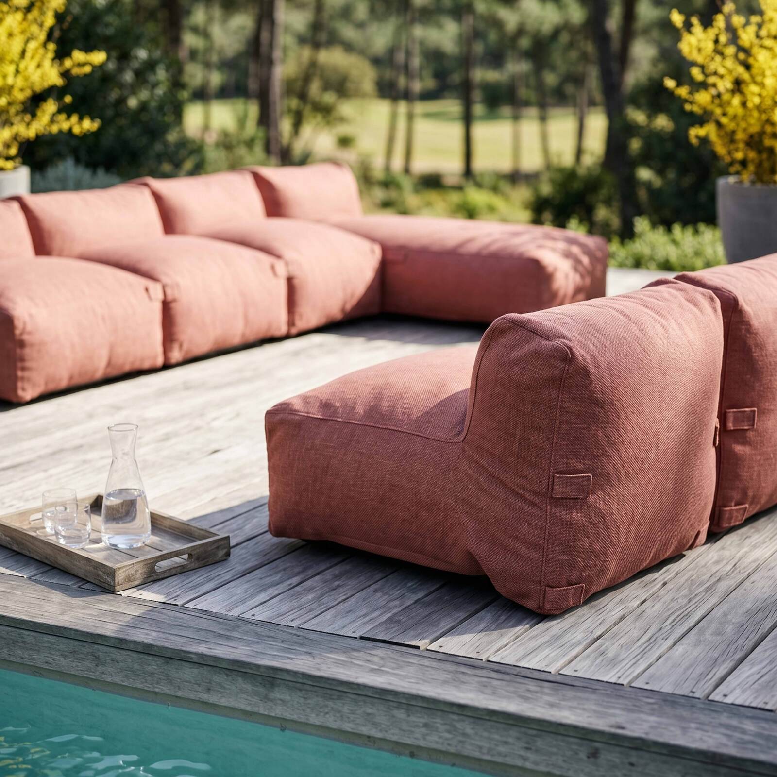 Salon de jardin modulable 7 places avec 5 fauteuils et 2 méridiennes