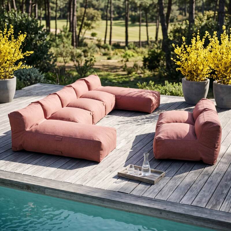 Salon de jardin modulable 7 places avec 5 fauteuils et 2 méridiennes