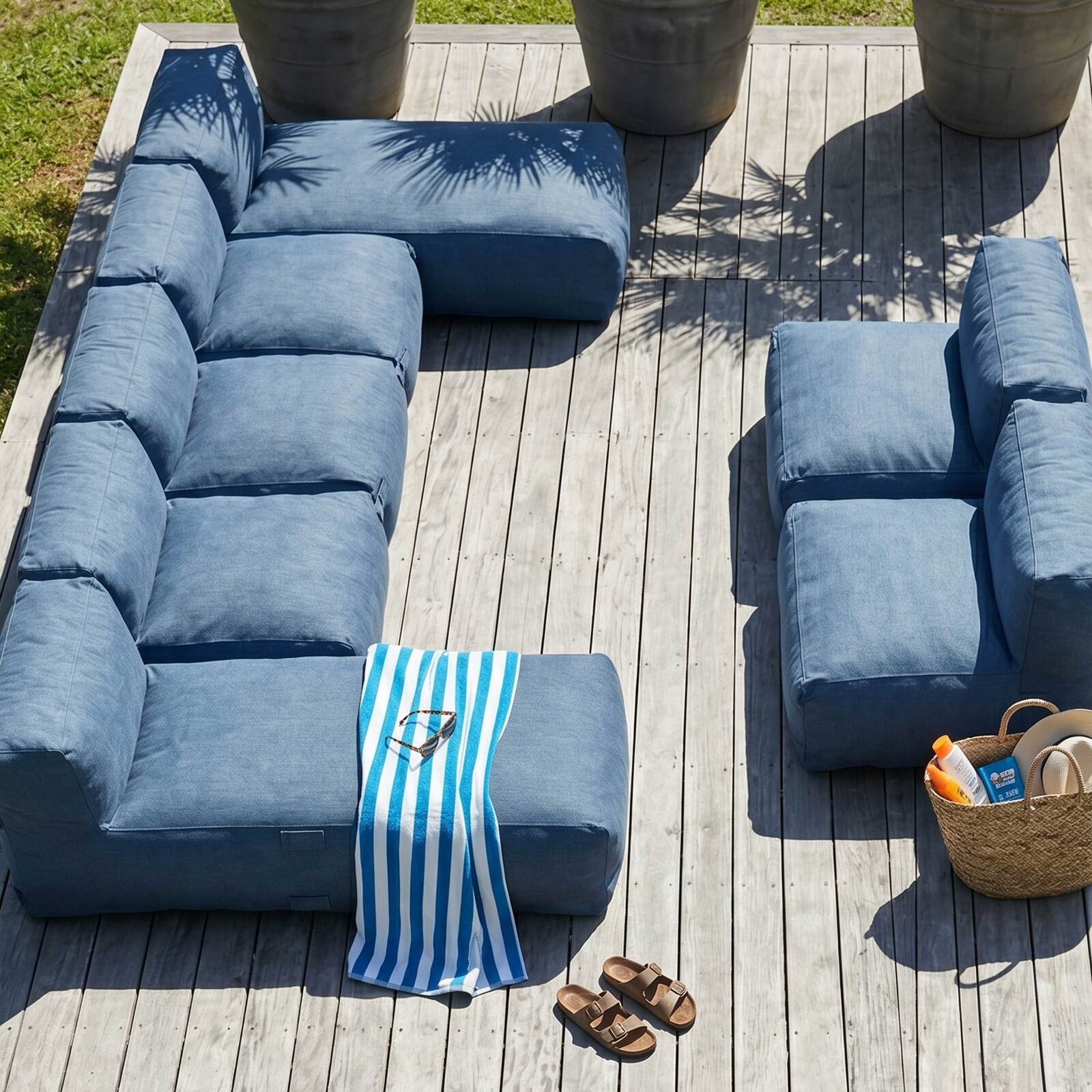 Salon de jardin modulable 7 places avec 5 fauteuils et 2 méridiennes