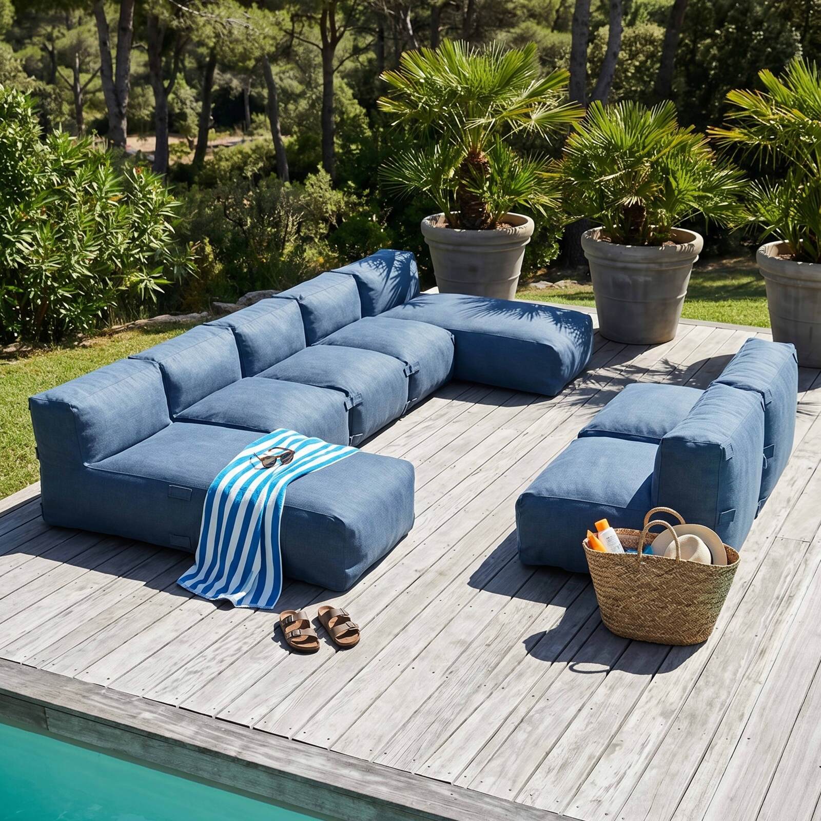 Salon de jardin modulable 7 places avec 5 fauteuils et 2 méridiennes
