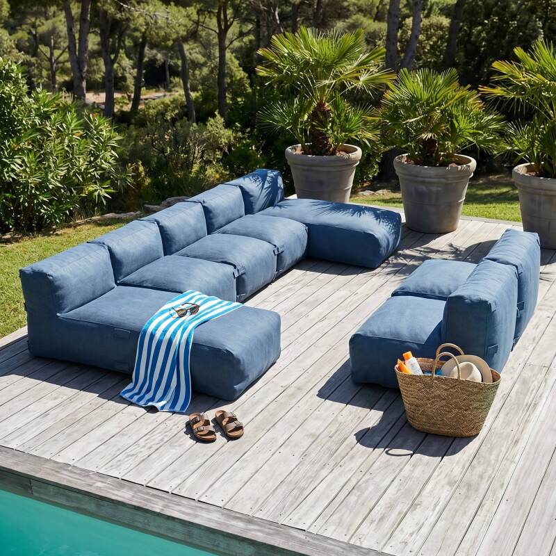Salon de jardin modulable 7 places avec 5 fauteuils et 2 méridiennes